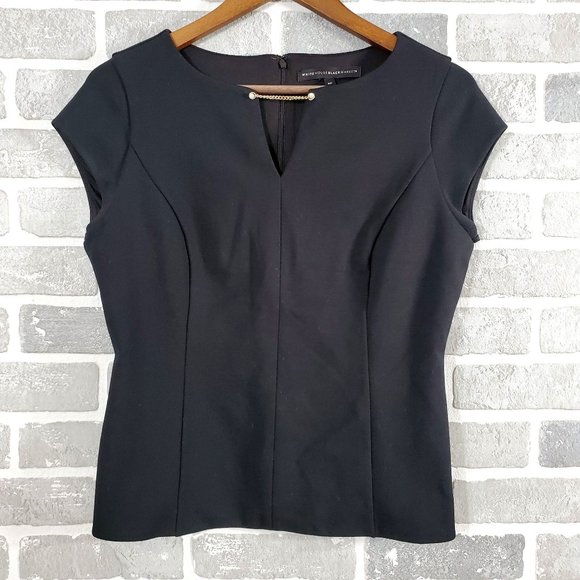 White House Black Market Tops - White House Black Market Women's 8P Black V- Neck Chain Trim Short Sleeve Blouse